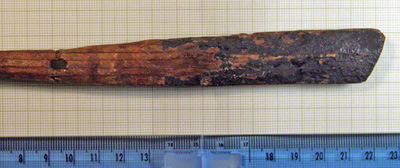 Photograph showing one side of the steering oar (quarter rudder) found among the fragments in the tomb; © 2005 Shelley Wachsmann; used with permission.