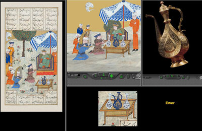 Sample navigation page showing both the 2D image, the 3D virtual world of the scene, and a 3D model of one of the objects depicted in the scene. © 2002 Institute for the Visualization of History, Inc. 