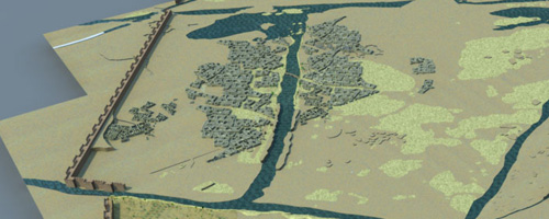 Aerial rendering from the virtual reality model of the city showing the major districts (religious, administrative, domestic, industrial, and garden) each bordered by canals; preliminary status model by VIZIN.