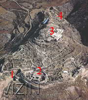 Aerial view of the citadel of Mycenae; © Christophilis Maggidis and DEPAS.  labels: 1--Lion Gate; 2--Grave Circle; 3--Megaron / palace; 4--Artisans' Workshops