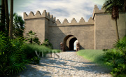 Rendering from the computer model of the approach to the Lion Gate, Til Barsib, Syria; © 2011 Learning Sites, Inc.; used under license agreement.