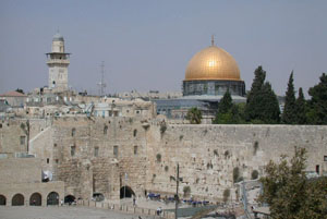 View of the “wailing wall” (part of the remaining west wall of the Temple Mount) and the Dome of the Rock in old Jerusalem; ©2003 Donald H. Sanders